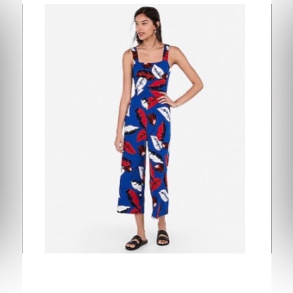 Express Pant Suit Culottes Romper Womens Size Medium Red White Blue Tropical
